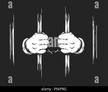 Prisonnier dans la main mains poignets holding Prison Bars. Vector Illustration. Illustration de Vecteur