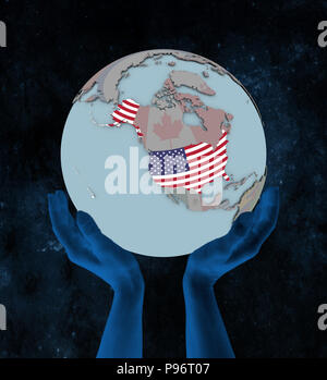 USA avec drapeau sur le globe dans les mains dans l'espace. 3D illustration. Banque D'Images