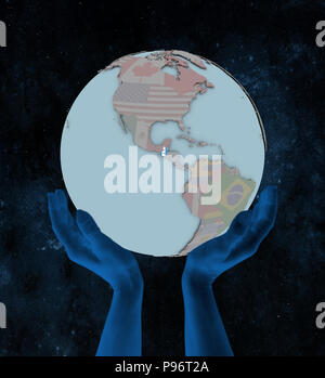Guatemala avec drapeau sur le globe dans les mains dans l'espace. 3D illustration. Banque D'Images