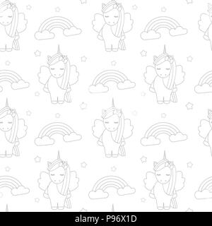 Cute cartoon belle transparente noir et blanc de fond vecteur illustration avec les licornes et les arcs-en-ciel Illustration de Vecteur