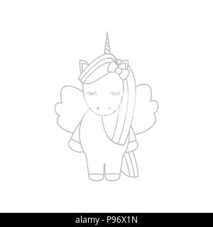 Lovely cute cartoon noir et blanc licorne vector illustration Illustration de Vecteur
