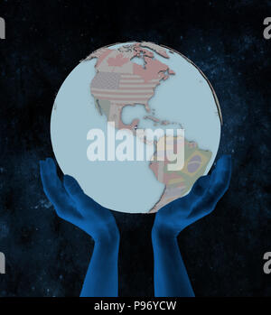 Belize avec drapeau sur le globe dans les mains dans l'espace. 3D illustration. Banque D'Images