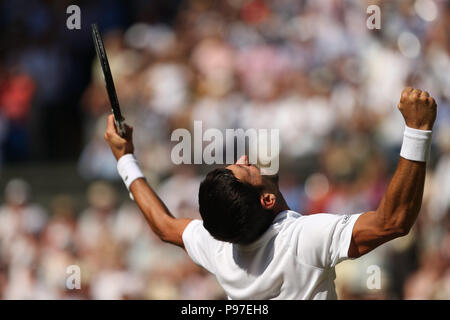 Londres, Royaume-Uni. 15 juillet 2018. Novak Djokovic la Serbie de célèbre battant Kevin Anderson, de l'Afrique du Sud pour gagner la finale du tournoi au jour thirteeen des championnats de tennis de Wimbledon à l'All England Lawn Tennis et croquet Club le 15 juillet 2018 à Londres, en Angleterre. People : Novak Djokovic Credit : tempêtes Media Group/Alamy Live News Banque D'Images