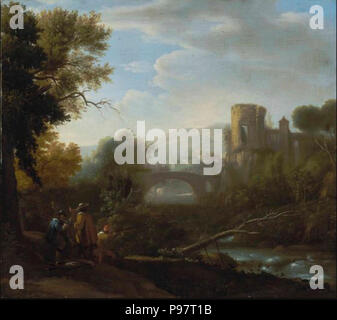 Un paysage avec Tivoli et le Temple de Vesta les chasseurs et un artiste en train de dessiner l'avant-plan. Banque D'Images
