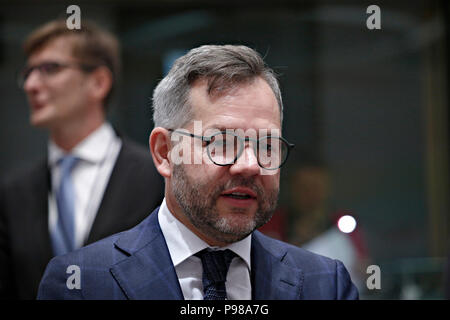 Ministre d'État allemand pour l'Europe Michael Roth assiste à une réunion des ministres des affaires étrangères de l'Union européenne à Bruxelles, Belgique Le 16 juillet 2018. Banque D'Images