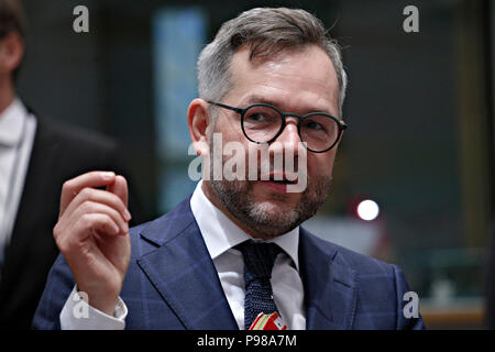 Ministre d'État allemand pour l'Europe Michael Roth assiste à une réunion des ministres des affaires étrangères de l'Union européenne à Bruxelles, Belgique Le 16 juillet 2018. Banque D'Images