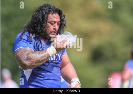 Heidelberg, Allemagne. 14 juillet, 2018. Qualification pour la Coupe du Monde de Rugby 2019, l'Allemagne contre les Samoa. Samoa Logovii Mulipola (1) est blessé et est titulaire d'une poche de glace sur son front. Credit : Jürgen Keßler/dpa/Alamy Live News Banque D'Images