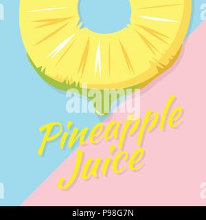 La moitié de la tranche d'ananas juteux, tranche de fruit avec gouttes de jus d'ananas icône vecteur illustration sur fond bleu et rose Illustration de Vecteur