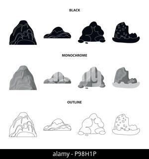 Des rochers, une montagne arrondie, rochers dans la mer. Set d'icônes différentes montagnes collection en noir monochrome,style du contour symbole,vecteur stock illustr Illustration de Vecteur