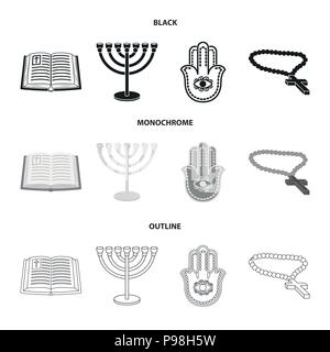 Bible, menorah, croix orthodoxe, hamsa.Religion set icônes collection en noir monochrome,style,contour symbole vecteur illustration de stock . Illustration de Vecteur