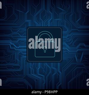 Symbole graphique d'un verrou sur une carte de circuit imprimé - système de sécurité informatique technologie concept Illustration de Vecteur