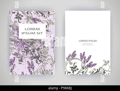 Jeu de carte avec lavande fleurs, feuilles. Parure de mariage concept. Tendance florale, inviter l'affiche. Carte de vœux ou décoratifs vecteur conception invitation Illustration de Vecteur