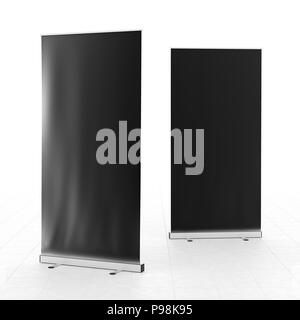 Noir blanc roll-up banner isolé sur marbre blanc.  : Chemins de détourage autour de se lever et de bannière publicitaire. 3D render Banque D'Images