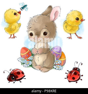 Happy bunny avec des oeufs de Pâques, des poussins et des bogues cartoon clipart isolé sur fond blanc Banque D'Images