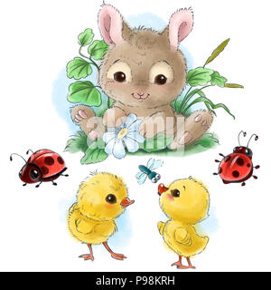 Happy bunny avec des oeufs de Pâques, des poussins et des bogues cartoon clipart isolé sur fond blanc Banque D'Images