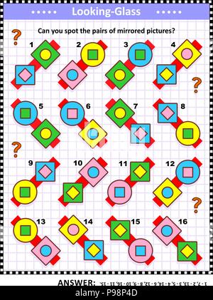 IQ, la mémoire et la formation des compétences spatiales résumé visuel puzzle : Pouvez-vous trouver les paires d'images en miroir ? Réponse inclus. Illustration de Vecteur