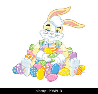 Lapin de Pâques assis sur un tas d'Œufs de Pâques Banque D'Images