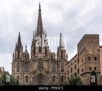 Façade néo-gothique de la cathédrale de Barcelone dans le quartier gothique. La façade est ornée de statues, des pinacles, des arches. Le toit est remarquable pour son gargo Banque D'Images