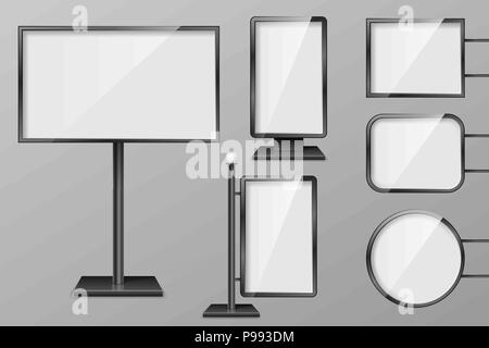 Ensemble de boîtes lumineuses modèle. 3d en plein air d'éclairage de détail des panneaux publicitaires. Conseils réalistes pour la publicité et le design, pancarte et annonce.jpg écran. vector illustration Illustration de Vecteur