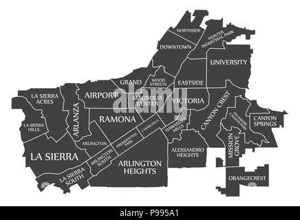 Plan de la ville de Riverside en Californie USA étiqueté illustration noir Illustration de Vecteur