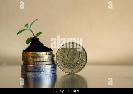 10 roubles de monnaie. Concept de l'argent russe - les pièces dans le sol avec jeune plant. Banque D'Images