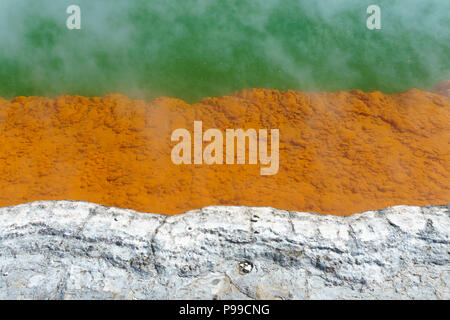 Détail de l'extrémité de la piscine de Champagne, Wai-O-Tapu zone géothermique, la Nouvelle-Zélande l'Île du Nord. La couleur orange provient de dépôts d'arsenic. Banque D'Images