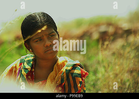 Happy smiling indian village femmes assis à une rizière dans la campagne. Banque D'Images