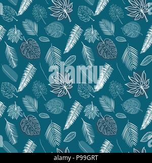 Ligne blanche transparente diverses feuilles tropicales sur fond bleu marine modèle vector Illustration de Vecteur