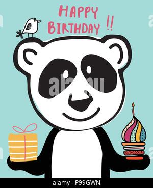 Doodle mignon panda et d'oiseaux colorés avec cup cake et bougie, adapté pour l'impression de cartes joyeux anniversaire Illustration de Vecteur