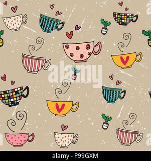 Seamless background doodle dessin à la main ensemble de tasses à café en différents modèles sur grunge fond brun Illustration de Vecteur