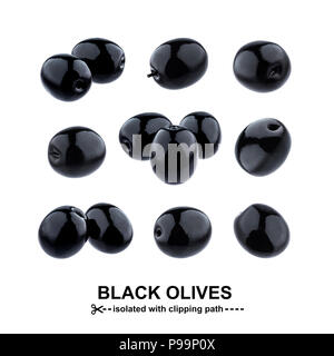 Olives noires isolé sur fond blanc avec chemin de détourage. Collection Banque D'Images