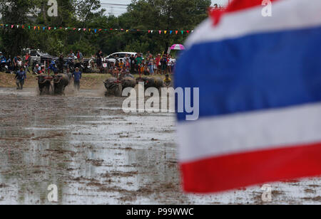 La Thaïlande. 15 juillet, 2018. La concurrence sur les jockeys Chonburi buffalo festival annuel de la course dans la province de Chonburi, à l'est de Bangkok le 15 juillet 2018. Chaiwat Subprasom Crédit :/Pacific Press/Alamy Live News Banque D'Images