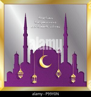 Turkish Eid al Adha Moubarak avec message d'argent et d'or de la mosquée pour lanternes fête musulmane. Tous les objets sont dans des couches différentes et le texte typ Illustration de Vecteur