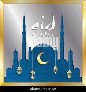 Eid al Adha carte de vœux mosquée d'argent et d'or pour les lanternes de musulmans. Tous les objets sont dans des couches différentes et les types de texte ne n Illustration de Vecteur