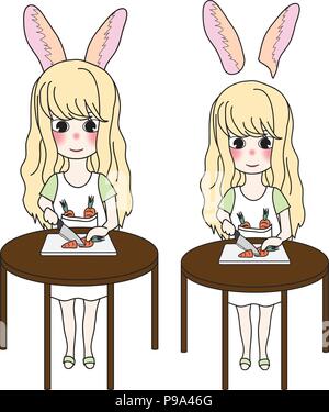 Cheveux longs bouclés fille avec des oreilles de lapin carotte coupe avec le couteau sur la table ronde en bois. Vector Illustration. Illustration de Vecteur