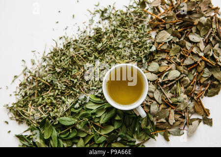 Parfumé frais et sain d'une tisane dans une tasse en verre ou sur une surface en bois blanc. À côté se trouvent diverses herbes séchées pour faire du thé. Produit sain. Banque D'Images