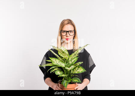 Belle jeune femme avec des vêtements noirs en studio sur fond blanc, tenant une plante. Banque D'Images