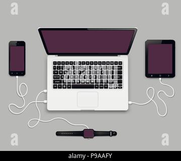 Téléphone mobile, tablet pc et smart watch connecté à un ordinateur portable. Vue d'en haut. Vector illustration. Illustration de Vecteur