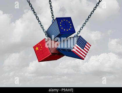 Chine Europe États-unis guerre commerciale métaphore d'affaires chinois et américains et européens tarif différend comme un problème économique. Banque D'Images