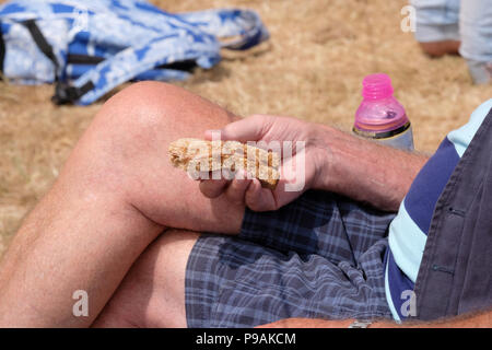 Juillet 2018 - spectateur ayant un sandwich de pain brun pour le déjeuner au Goodwood Festival of Speed,. Banque D'Images