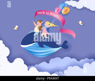 Retour à l'école 1 septembre carte avec les enfants assis sur le vol des baleines dans le fond de ciel. Vector illustration. Coupe papier et de l'artisanat traditionnel. Illustration de Vecteur