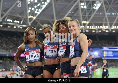 Londres, Royaume-Uni. 15 juillet 2018. L'équipe française à la fin de la Womens 4 x 100 m relais. Estelle Raffai, Stella Akakpo, Jennifer Galais et Amandine Brossier (FRA). Jour 2. Coupe du monde d'athlétisme. Stade olympique de Londres. Stratford. Londres. OK. 15/07/2018. Credit : Sport en images/Alamy Live News Banque D'Images