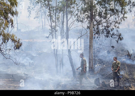 Conseil Régional Eshkol, Israël. 17 juillet, 2018. Les pompiers, le KKL forest rangers et des soldats combattre côte à côte pour éteindre un feu de forêt à l'ouest du kibboutz Beéri, dans le conseil régional Eshkol, près de la bande de Gaza, enflammé par des bombes incendiaires et explosifs livrés par les cerfs-volants ou des ballons gonflés à l'hélium de la bande de Gaza en Israël. Plus de 50 kilomètres carrés de champs agricoles et forestières ont été incendiés dans une vague d'incendies criminels, le terrorisme palestinien maintenant dans son quatrième mois. Credit : Alon Nir/Alamy Live News Banque D'Images