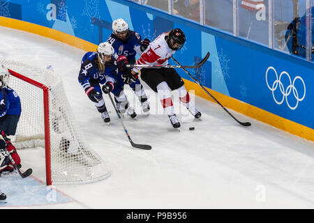 Emily Pfalzer (USA) # 8, Dani Cameranesi (USA) # 24 et Laura Stacey (CAN) # 7 au cours de la médaille d'or jeu de hockey sur glace Etats-unis contre le Canada aux Jeux Olympiques Banque D'Images