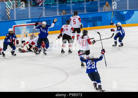 Hilary Knight (USA) célèbre marquer un but de la médaille d'or jeu de hockey sur glace contre le Canada aux Jeux Olympiques d'hiver de PyeongChang 2018 Banque D'Images