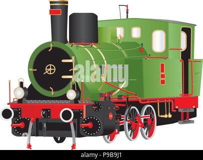 Une illustration d'un scénario détaillé vintage Vert Rouge et Noir six roues Chaudière Locomotive avec raccords en laiton isolated on white Illustration de Vecteur