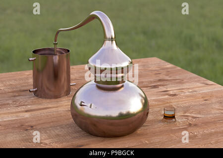 Le cuivre Vintage home pot ou encore de distillation alembic avec verre de whisky sur la table en bois. 3D render Banque D'Images