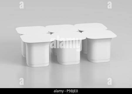 Blank pack de six yaourts emballages. Dessert maquette plastique isolé sur fond blanc avec chemin de détourage. 3D render Banque D'Images