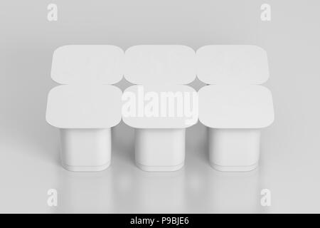 Blank pack de six yaourts emballages. Dessert maquette plastique isolé sur fond blanc avec chemin de détourage. 3D render Banque D'Images