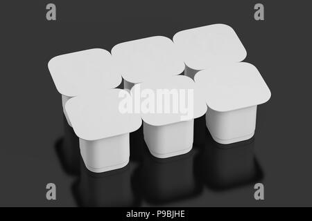 Blank pack de six yaourts blanc emballage. Dessert maquette plastique isolé sur fond noir avec le chemin de détourage. 3D render Banque D'Images